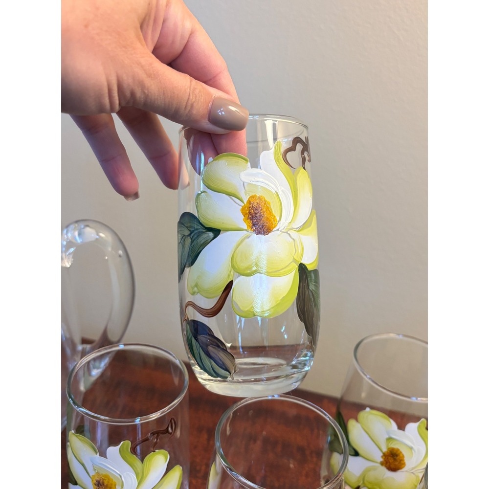 Vintage MCM Bartlett Collins pitcher & glasses set magnolia hand-painted - Picture 11 of 14